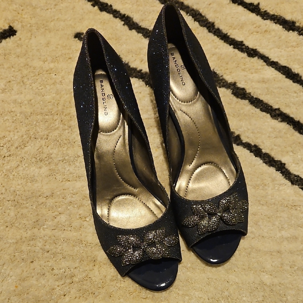 Bandolino Navy Blue Glitter Peep-Toe Heels with Bow Detail